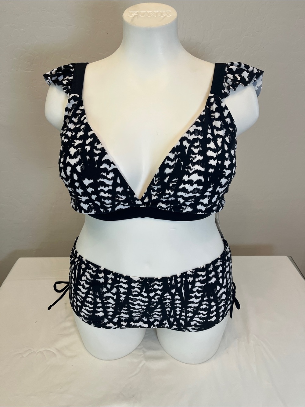 Raisins Black & White Printed Bandeau Bikini Top with Ruffle Straps